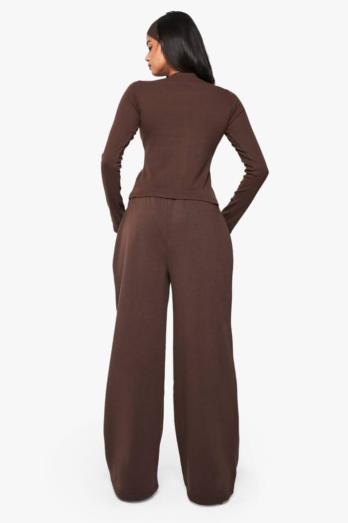 boohoo Dames Geribbelde knop door lange mouw trainingspak | Chocoladebruin | Maat: Medium