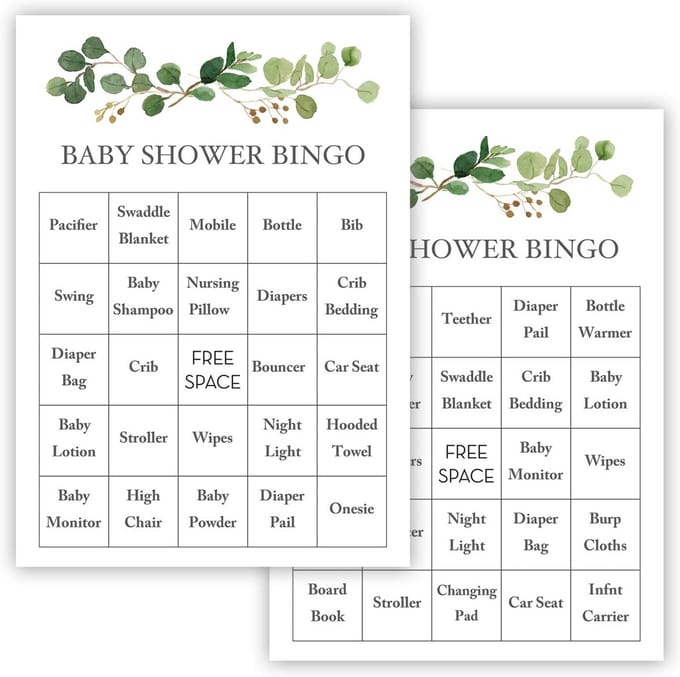 Baby Shower Bingo Kaarten Groen Eucalyptus Thema - Set van 24 Stuks