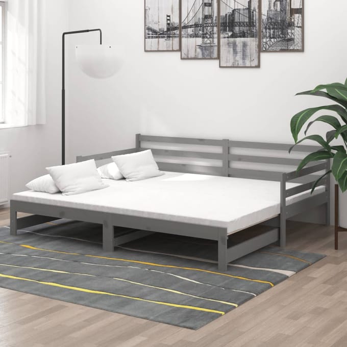 vidaXL - Slaapbank - uitschuifbaar - massief - grenenhout - grijs - 2x(90x200) - cm