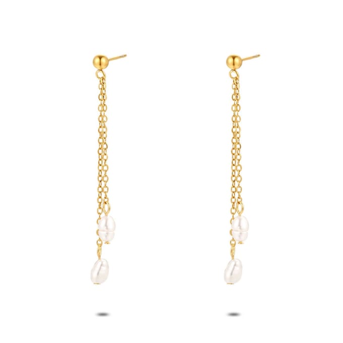 Twice As Nice Oorbellen in goudkleurig edelstaal, dubbele ketting, parels