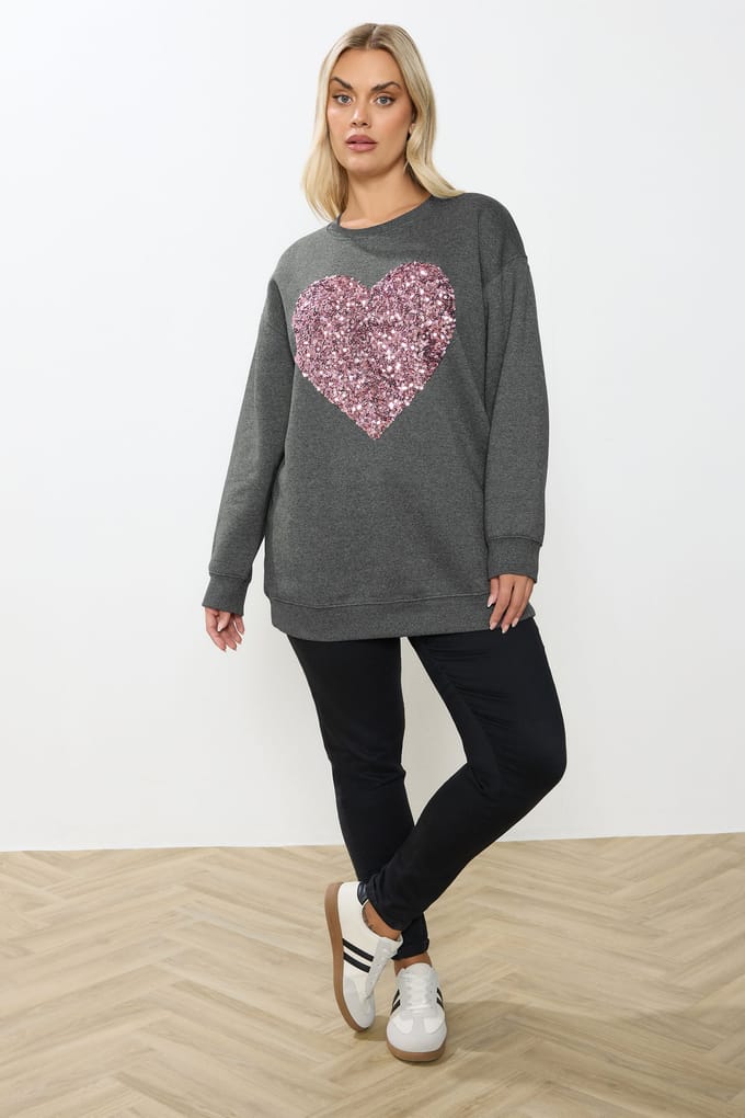 Yours Grijs Sweatshirt Met Hart En Pailletten Size 48