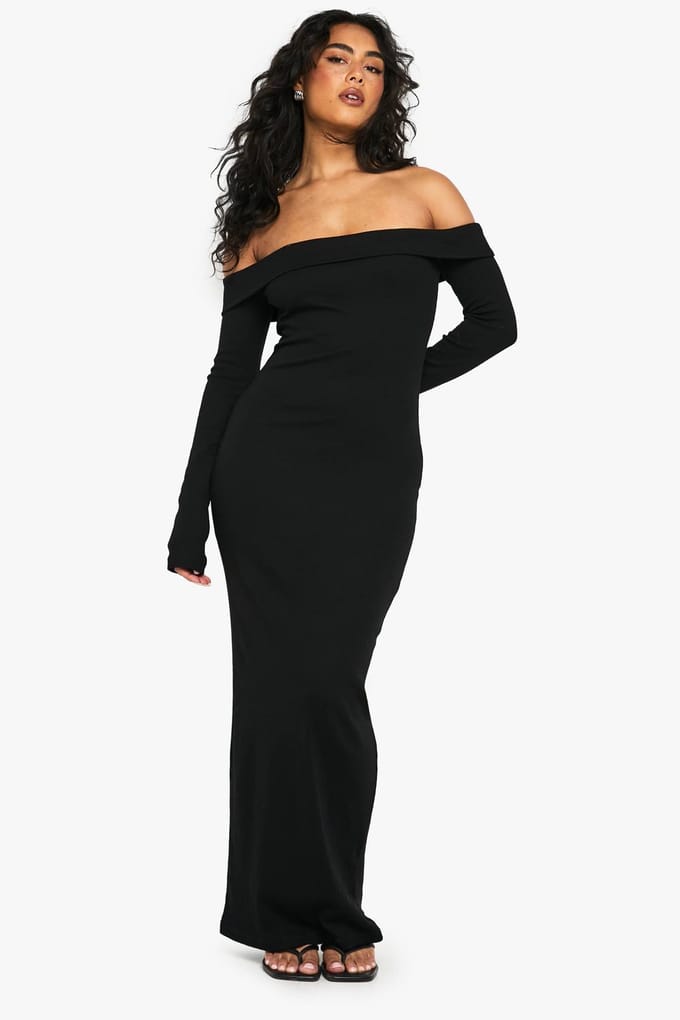 boohoo Dames Basic Rib Bardot Maxi | Black | Maat: 16