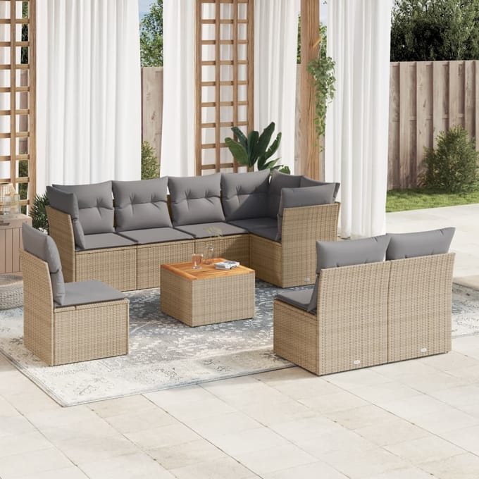 vidaXL - 9-delige - Loungeset - met - kussens - poly - rattan - beige