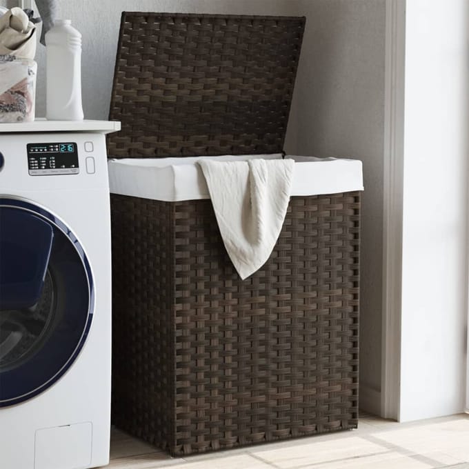 vidaXL - Wasmand - met - deksel - 46x33x60 - cm - poly - rattan - donkerbruin