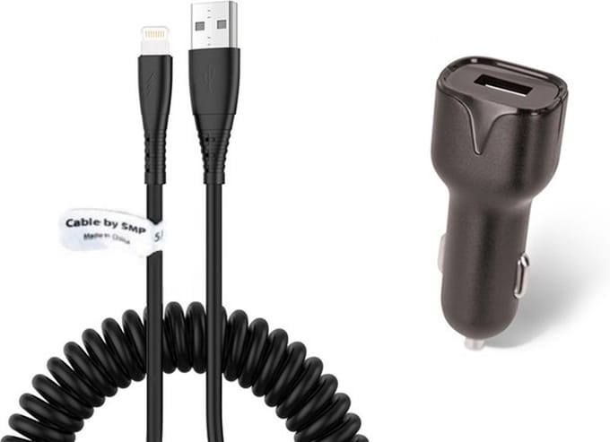 OneOne auto oplader + 0,5m OneOne spiraal Lightning kabel. 2.1A lader. Universele autolader adapter past op Apple iPhone 12 Pro Max, iPhone 13, iPhone 13 Mini, iPhone 13 Pro, iPhone 13 Pro Max, iPhone 14, iPhone 14 Pro, iPhone 14 Pro Max