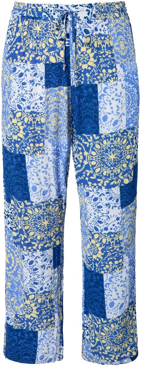 Ulla Popken - Dames - Broek Rose patchpatroon wijde pijpen elastische tailleband - Blauw - Maat 62+