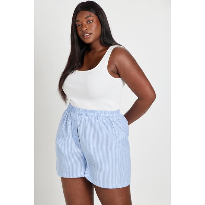 boohoo Dames Plus Poplin Henley Korte Broek | Blauw | Maat: 48