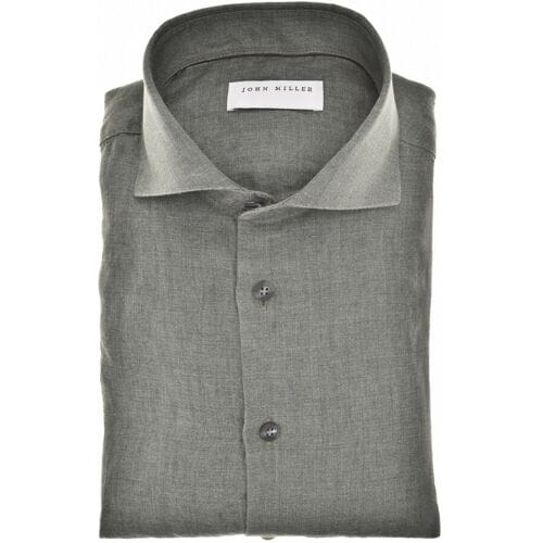 John Miller Overhemd Slim Near Solid Color Linnen Donker Groen / male