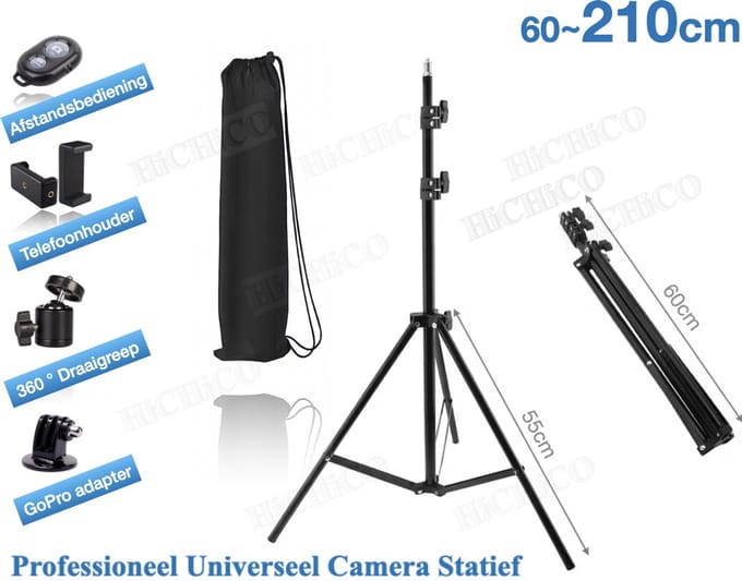 HiCHiCO® Telefoon Statief - Camerastatief - Tripod smartphone - Statief 210cm – schroef 1.4” - Tripod met Draagtas
