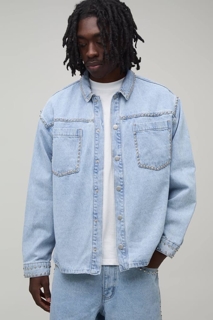 Denim Overshirt Met Studs | Light Blue | Size Small
