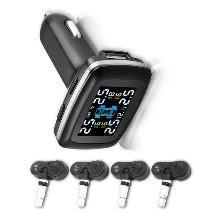 Auto Intelligente TPMS Sigarettenaansteker Bandenspanningscontrolesysteem met 4 Interne Sensoren black