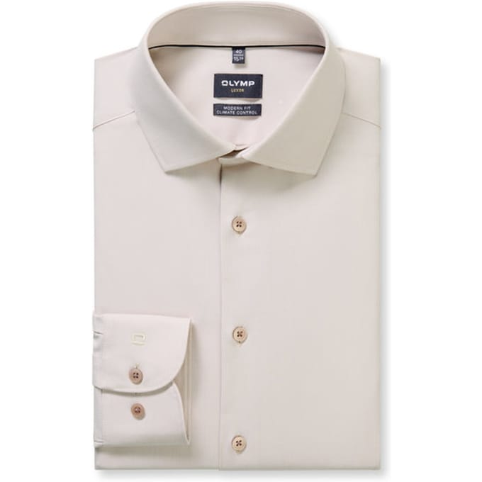 OLYMP 24/7 Luxor modern fit overhemd - twill - beige - Strijkvriendelijk - Boordmaat: 40