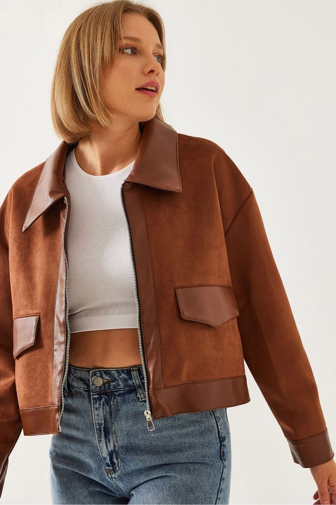 Nepleren Korte Boxy Jas met Hemdkraag