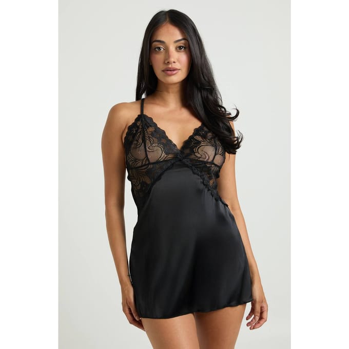 boohoo Dames Satin Lace Babydoll | Zwart | Maat: Medium