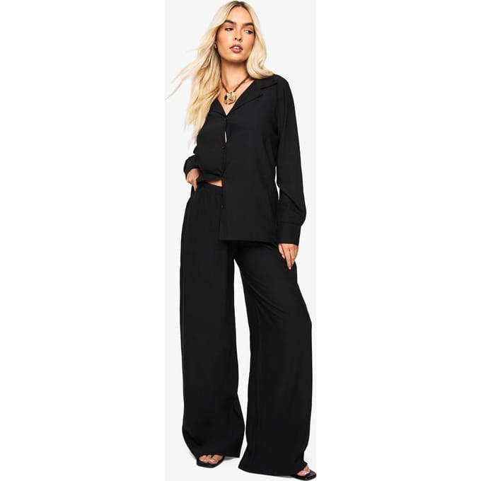boohoo Dames Gerimpeld oversized shirt & broek set | Black | Maat: 6