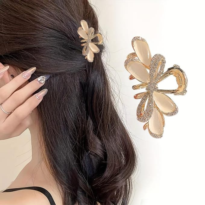 Pince à Cheveux Dorée Élégante Style Vintage Pierre Œil de Chat Strassé, Accessoire de Cheveux Chic Mi-Attaché beige