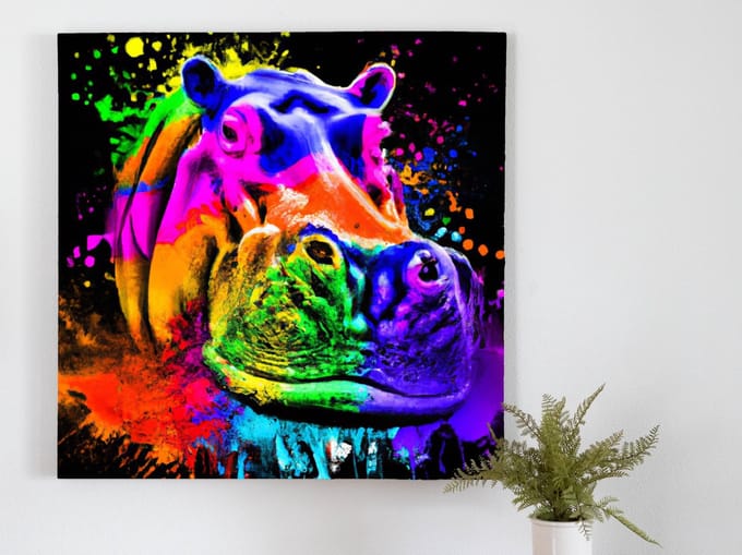 Rainbow bursting hippo | Rainbow Bursting Hippo | Kunst - 60x60 centimeter op Dibond | Foto op Dibond