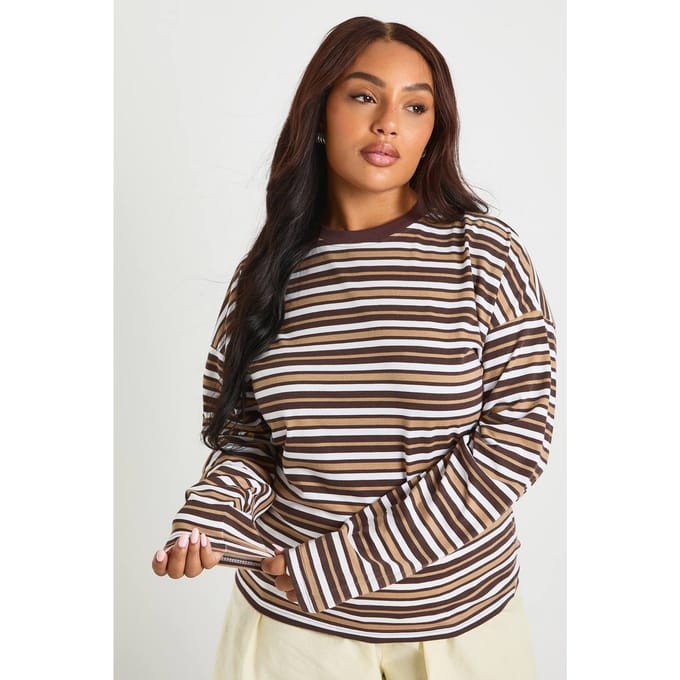 boohoo Dames Plus ronde hals langmouw T-shirt | Chocoladebruin | Maat: 52