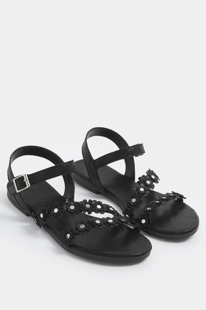 Yours Zwarte Ditsy Bloemenprint Sandalen In Brede Epasvormsize 42E