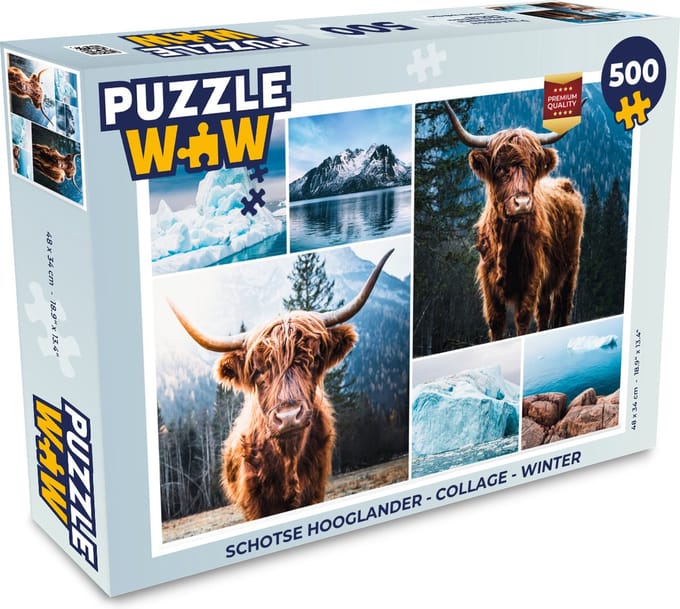 Puzzel Schotse hooglander - Collage - Winter - Legpuzzel - Puzzel 500 stukjes