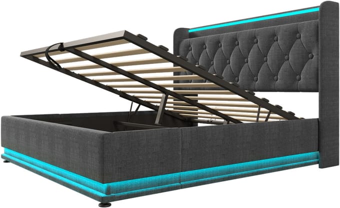 COVREO Bedframe 160x200 cm - grijs, stoffen bed met LED, zonder matras