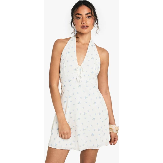 boohoo Dames Ditsy Bloemenkant Halter Mini Jurk | White | Maat: 18