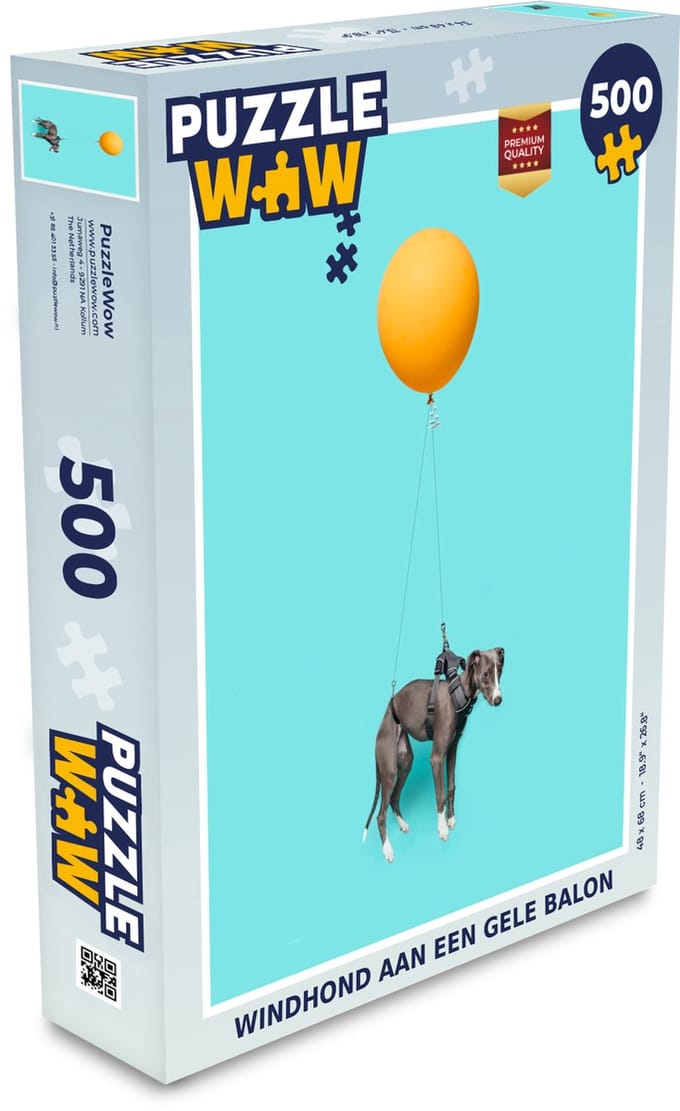 Puzzel Windhond aan een gele balon - Legpuzzel - Puzzel 500 stukjes