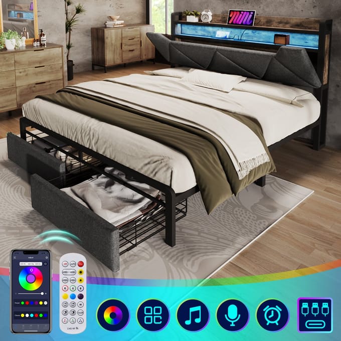 SINGULARITY-Gestoffeerd tweepersoonsbed 140x200 bedframe met lattenbodem van metaal- grijs met matras