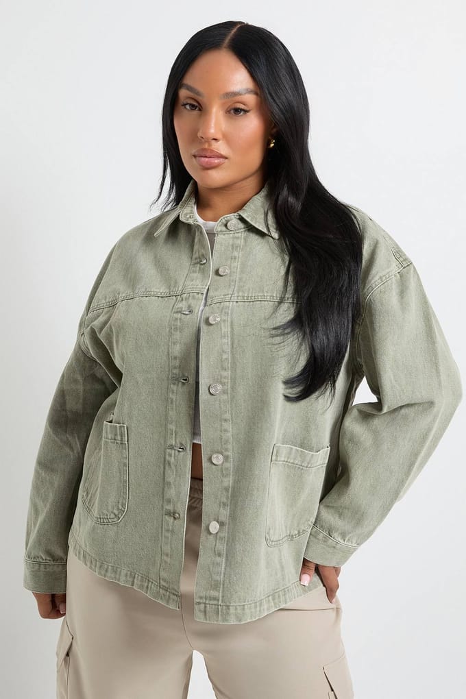boohoo Dames Plus Khaki Gewassen Denimjas | Maat: 24