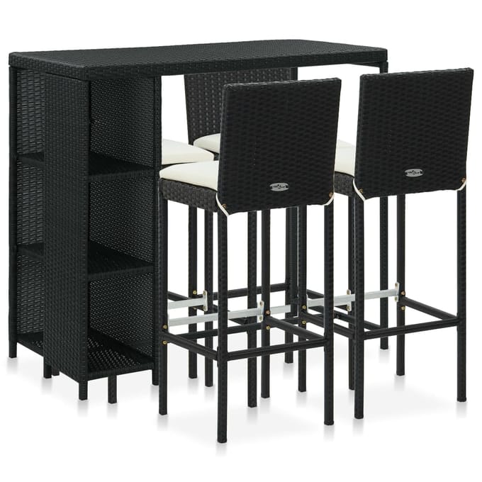 vidaXL - 5-delige - Tuinbarset - met - kussens - poly - rattan - zwart