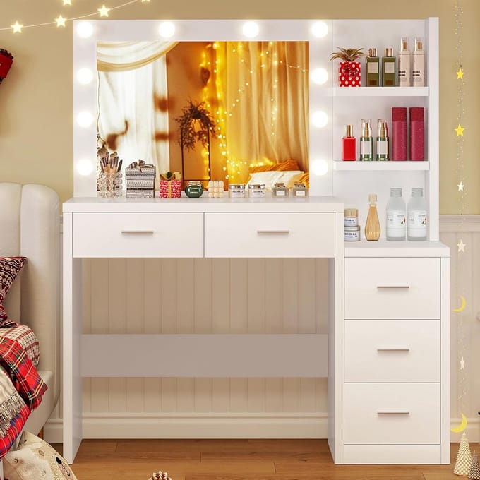 Kaptafel met Groot Spiegel en LED Verlichting - Make-up Tafel met Veel Opbergruimte en 5 Laden