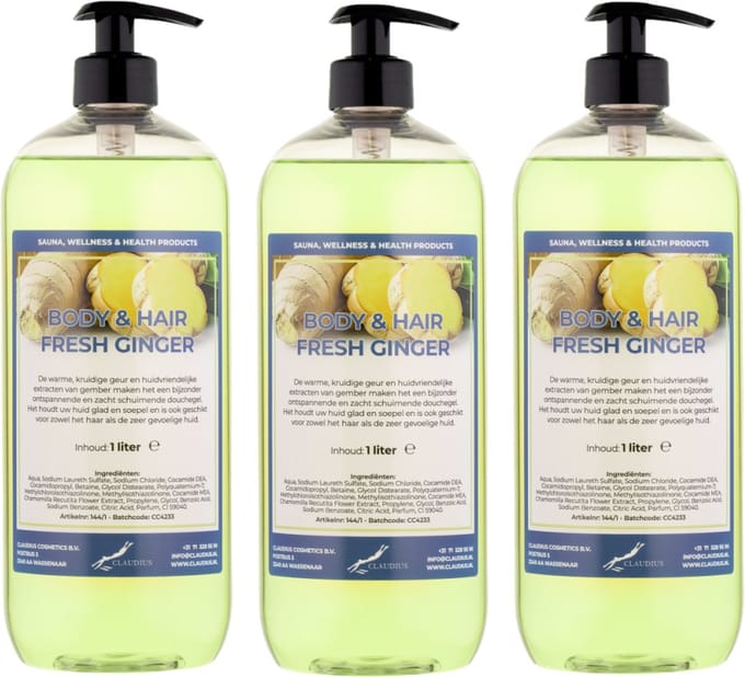 Body & Hair Fresh Ginger 1 Liter - met gratis pomp - set van 3 stuks - 2 in 1 voor lichaam en haar.