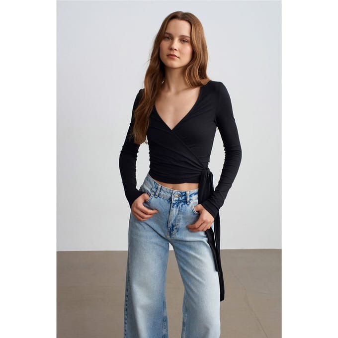 Dames Crop Wrap Blouse met Strikdetail