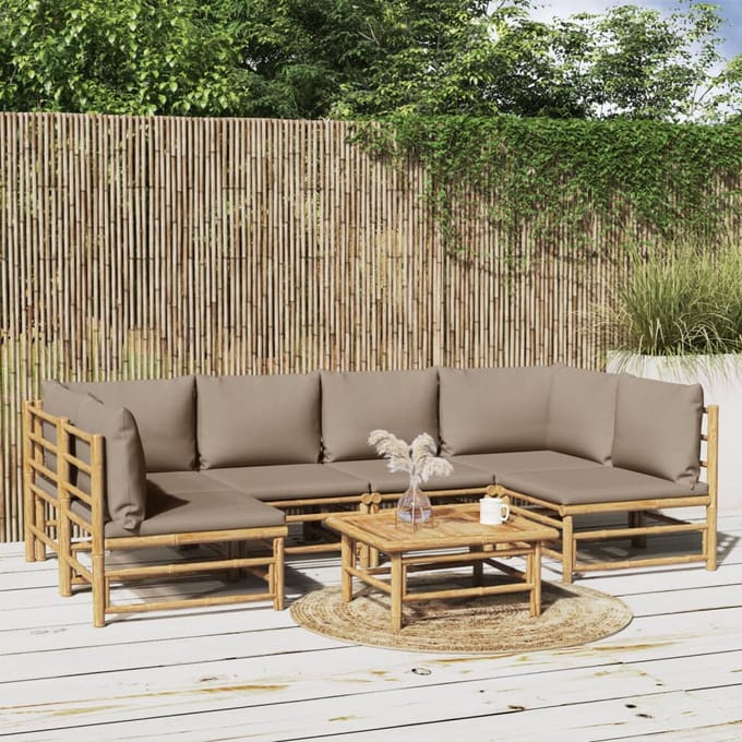 vidaXL - 7-delige - Loungeset - met - kussens - bamboe - taupe