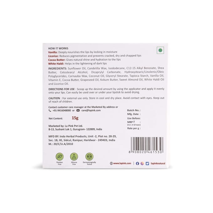 La Pink Vanilla Lip Balm with Shea & Kokum Butter | Nourished & Soft Lips | 100% Microplastic Free Formulation | 15 gms white