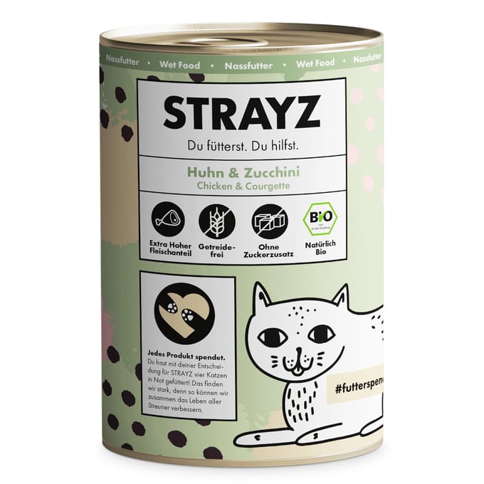 6x 400g STRAYZ Bio Kip & Biologische Courgette Nat Kattenvoer
