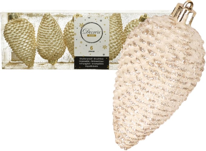 Decoris Dennenappels kersthangers - 6x st - creme wit - 8 cm - kunststof - kerstversiering