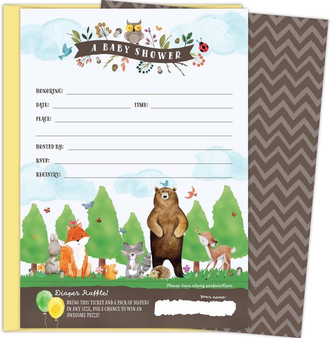 Set van 25 Babyshower Uitnodigingen Bosdieren met Luiertickets en Enveloppen