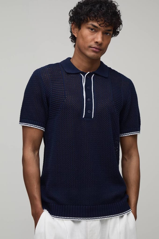 Regular Fit Contrast Open Stitch Knitted Polo T-Shirt | Navy | Size 2XL