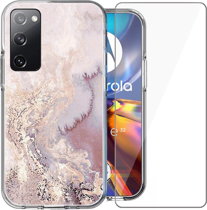 Hoesje geschikt voor Motorola Moto E32 / E32s - Screen Protector Glas - Back Cover Marmer Siliconen Case Roze & Screenprotector