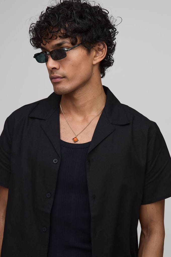 Regular Fit Linnen Blend Overhemd Met Korte Mouwen | Black | Size Medium