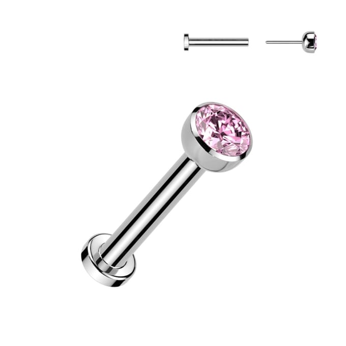 Piercing titanium CZ steen push in 1.2x6x3 - zilver roze - LMPiercings