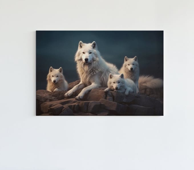Canvas Schilderij - Dieren - Witte Wolven - 90x60x2 cm