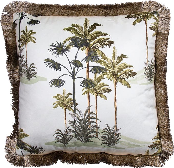 kussen fluweel gouden franjes palmboom wit 45x45cm