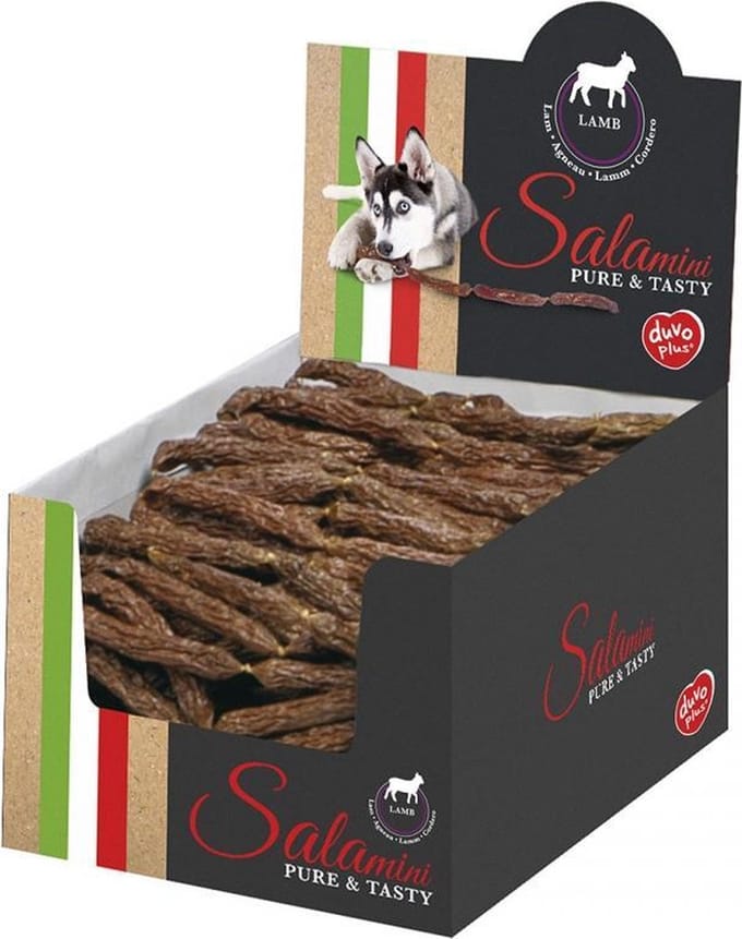 Duvo+ Salamini worstjes met lam 8,5x8,5x1,6cm, prijs voor display met 250 stuks