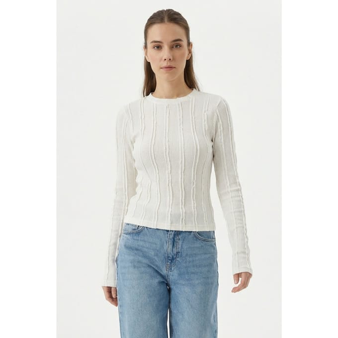 Geribbelde Rundhals Lange Mouw Blouse