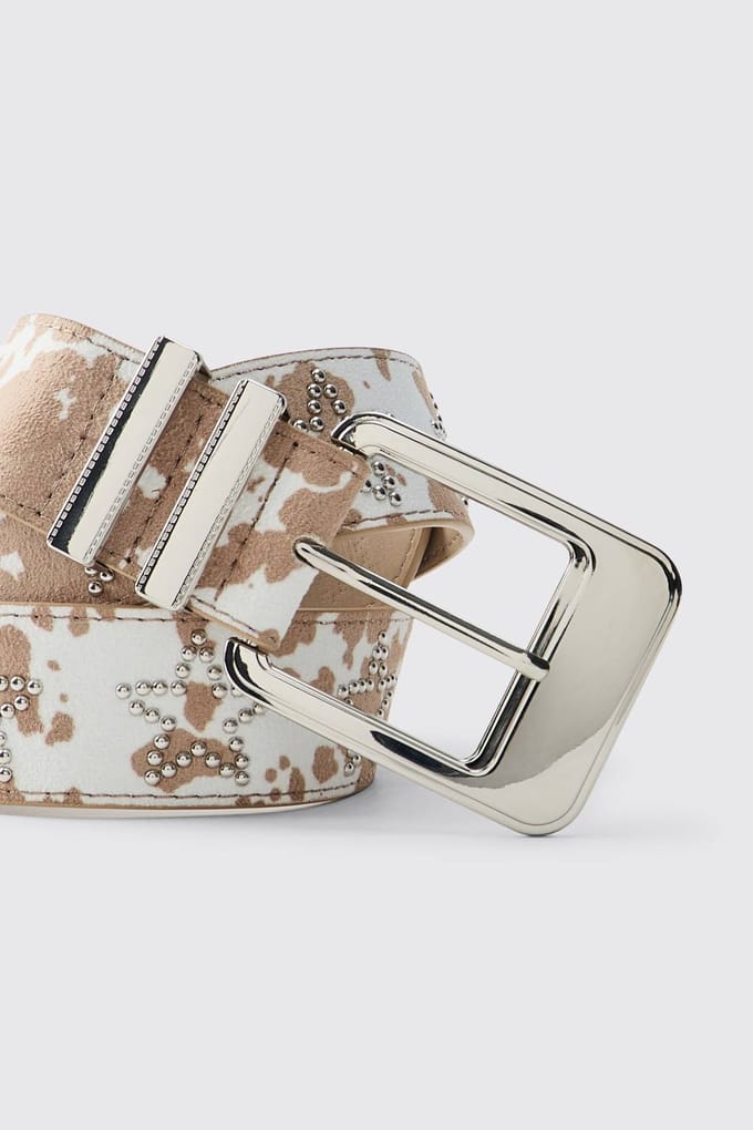 PU Cow Belt With Star Rhinestone | Camel | Size XL
