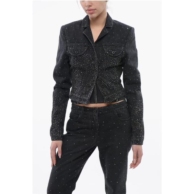 Cropped Fit BLING Denim Jack met Strass in Zwart