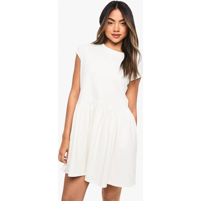 boohoo Dames Katoenen Smock Jurk met Gebogen Zoom | White | Maat: 8