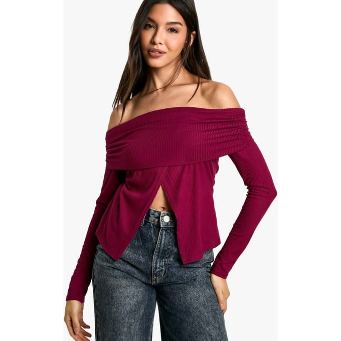 boohoo Dames Soft Rib Bardot Top Met Split Zoom | Bordeaux Rood | Maat: 38